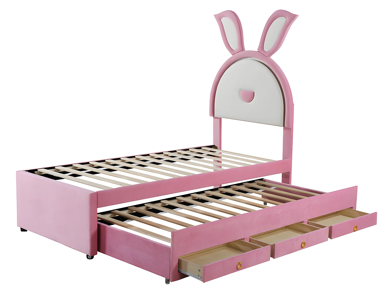 Kinderbed 90x200cm in fluweel - onderschuifbed met 3 lades en gekleurde LED-verlichting - Roze