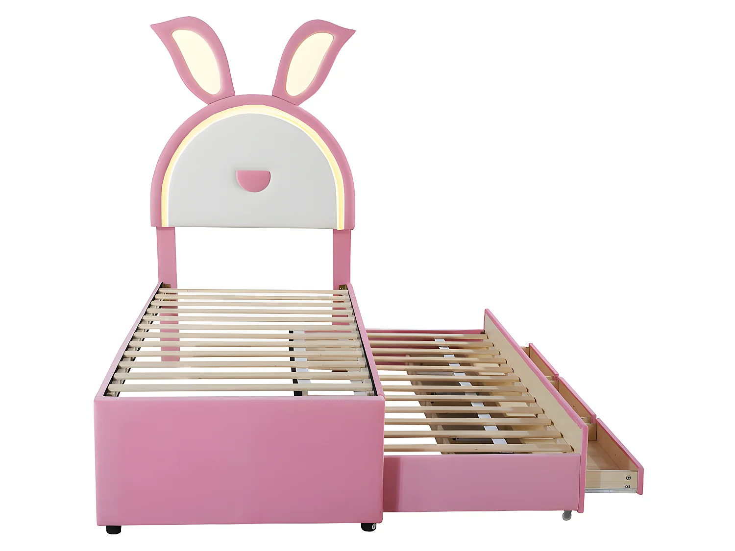 Kinderbed 90x200cm in fluweel - onderschuifbed met 3 lades en gekleurde LED-verlichting - Roze