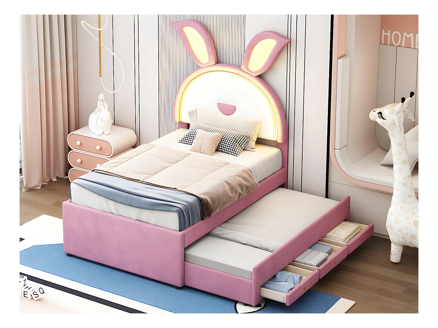 Lit enfant 90x200cm en velours - lit gigogne avec 3 tiroirs et lumières LED colorées - Rose