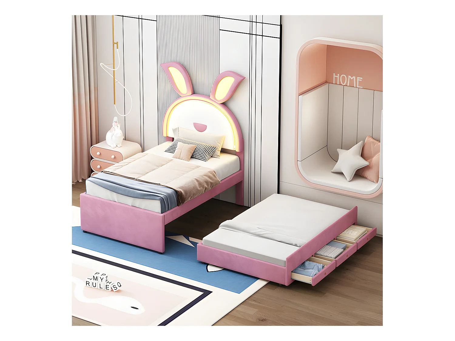 Cama infantil 90x200cm en terciopelo - cama nido con 3 cajones y luces LED de colores - Rosa
