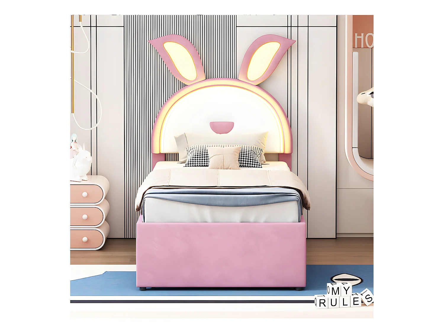 Cama infantil 90x200cm en terciopelo - cama nido con 3 cajones y luces LED de colores - Rosa