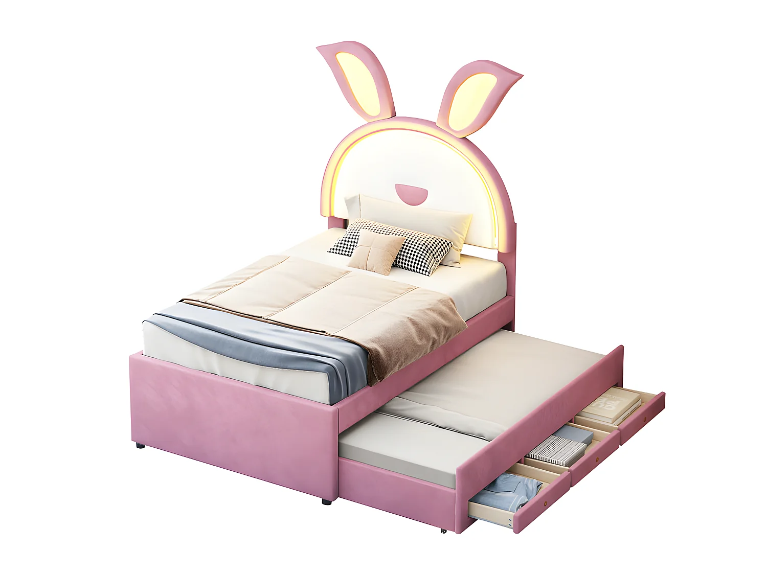 Cama infantil 90x200cm en terciopelo - cama nido con 3 cajones y luces LED de colores - Rosa