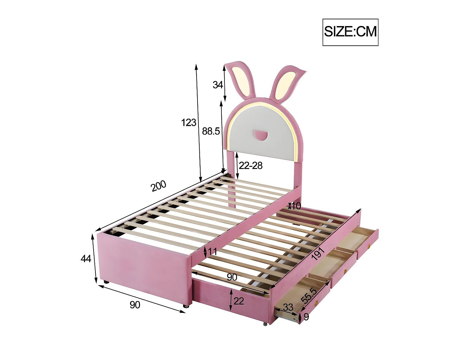 Cama infantil 90x200cm en terciopelo - cama nido con 3 cajones y luces LED de colores - Rosa
