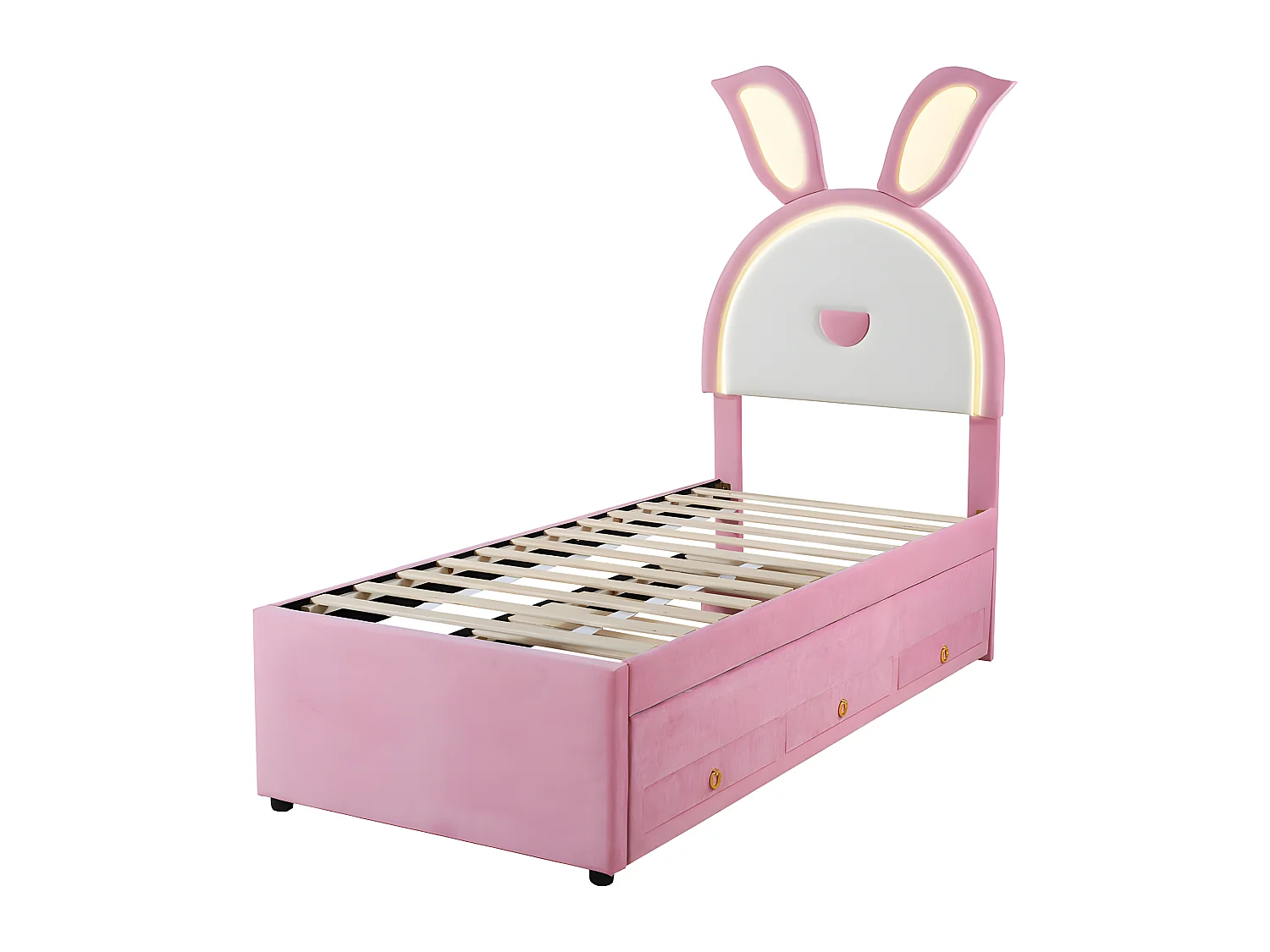 Cama infantil 90x200cm en terciopelo - cama nido con 3 cajones y luces LED de colores - Rosa