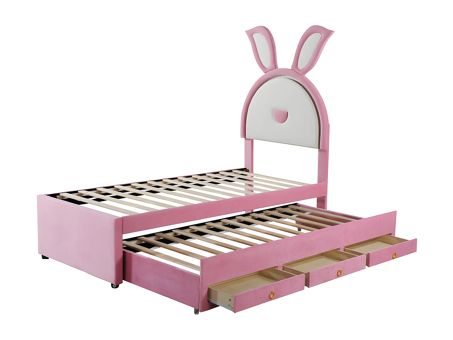 Cama infantil 90x200cm en terciopelo - cama nido con 3 cajones y luces LED de colores - Rosa