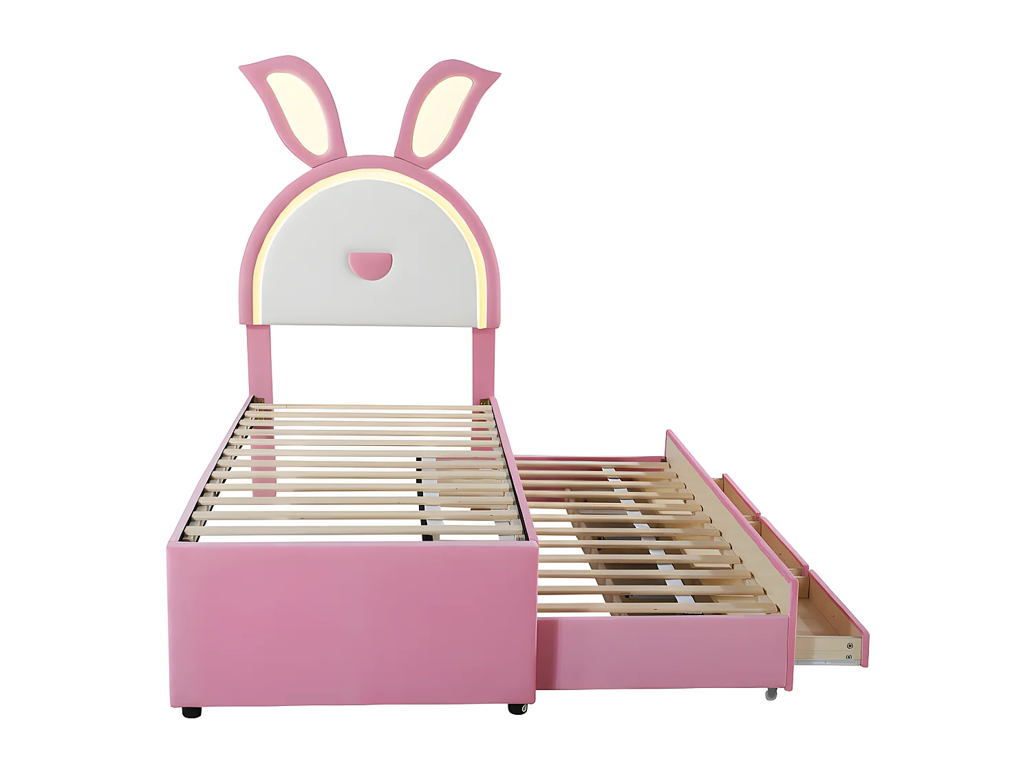 Cama infantil 90x200cm en terciopelo - cama nido con 3 cajones y luces LED de colores - Rosa