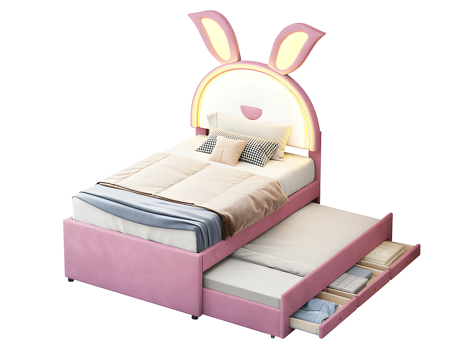 Letto per bambini 90x200 cm in velluto - letto estraibile con 3 cassetti e luci LED colorate - Rosa