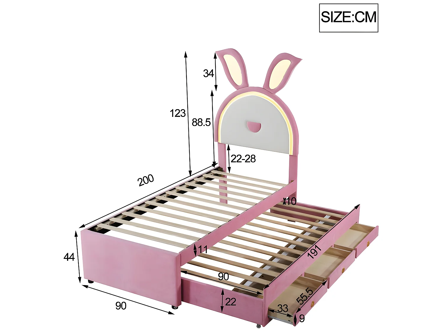 Letto per bambini 90x200 cm in velluto - letto estraibile con 3 cassetti e luci LED colorate - Rosa