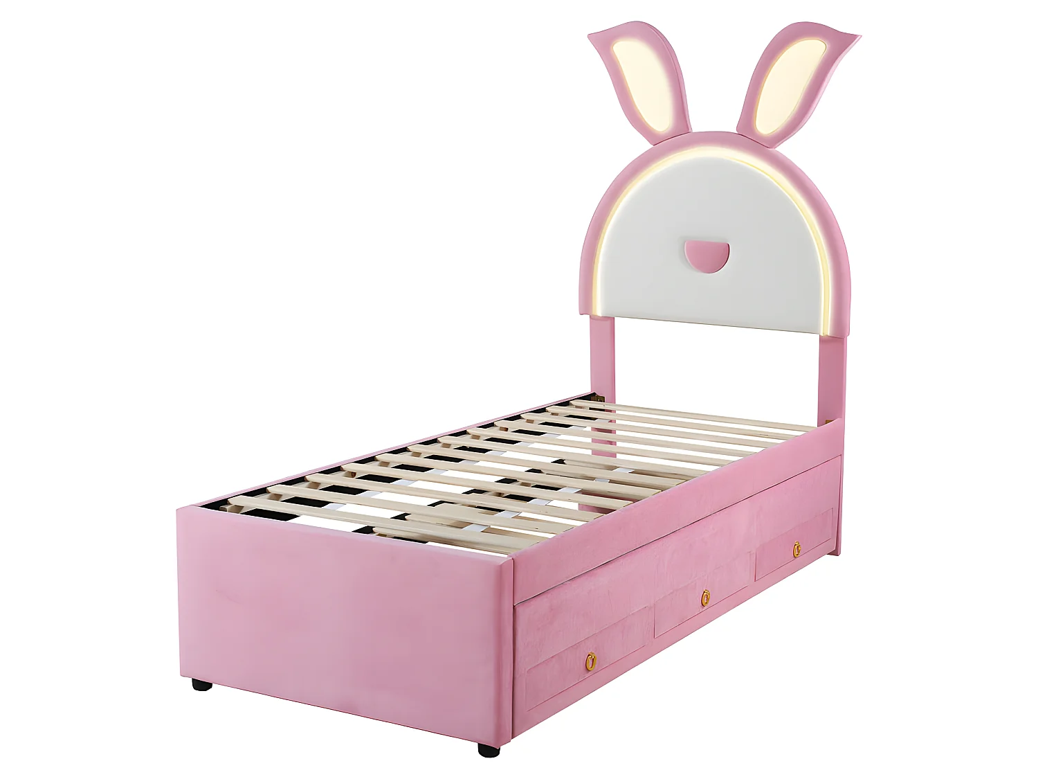 Letto per bambini 90x200 cm in velluto - letto estraibile con 3 cassetti e luci LED colorate - Rosa