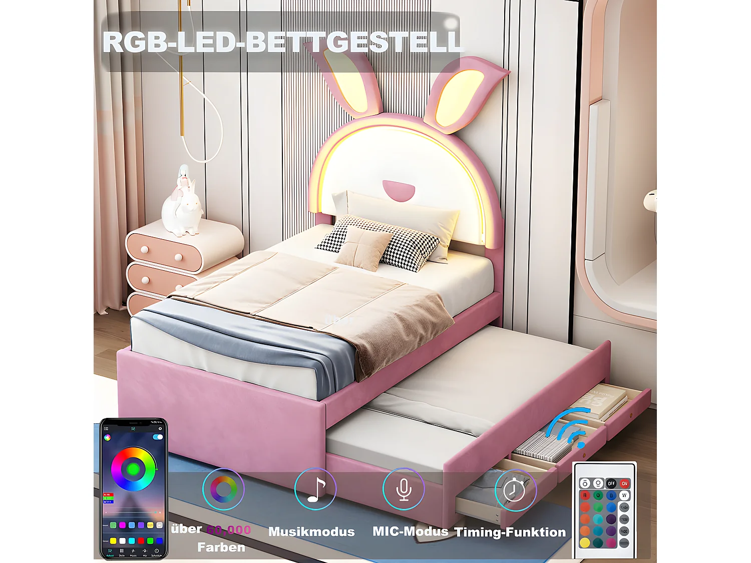 Letto per bambini 90x200 cm in velluto - letto estraibile con 3 cassetti e luci LED colorate - Rosa