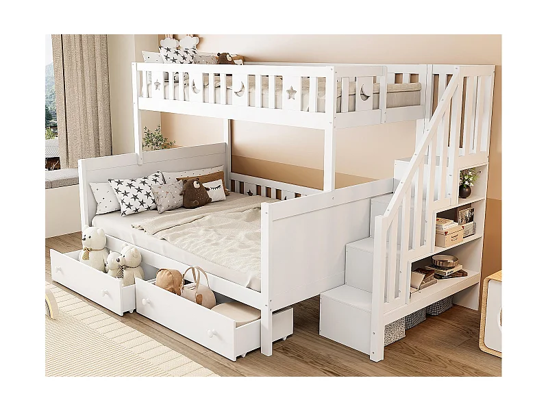 Etagenbett aus Massivholz, 90 x 200 + 140 x 200 cm – mit Stauraumtreppe und 2 Schubladen – 2 Lattenroste – Weiß