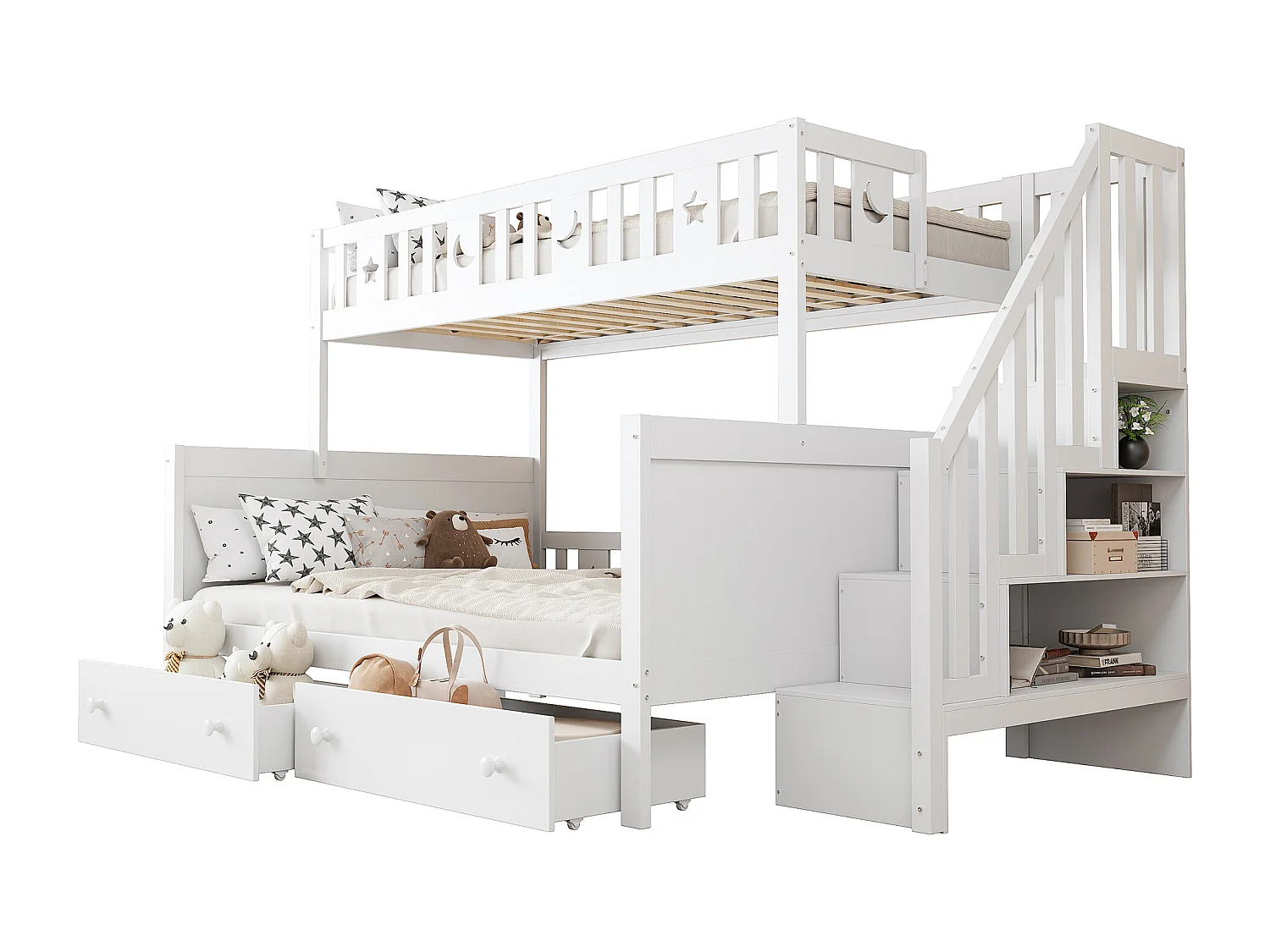 Massief houten stapelbed 90x200+140x200cm - met opbergtrap en 2 lades - 2 lattenbodems - Wit