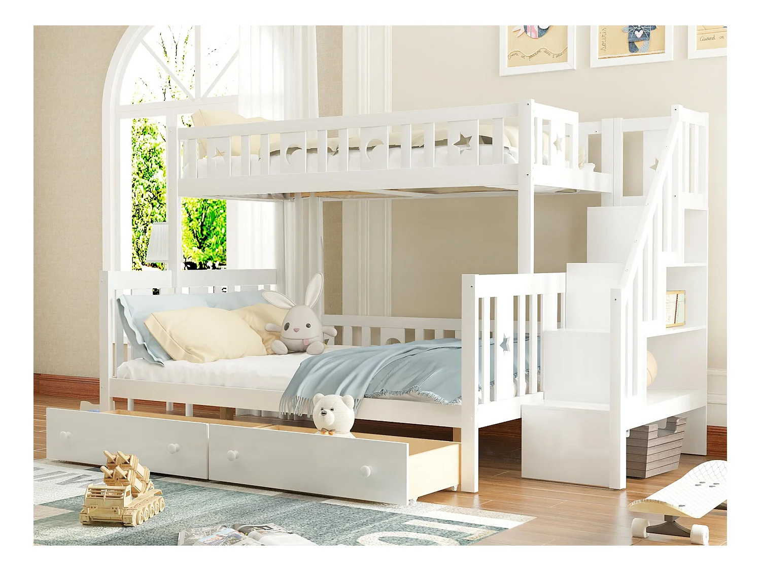 Massief houten stapelbed 90x200+140x200cm - met opbergtrap en 2 lades - 2 lattenbodems - Wit