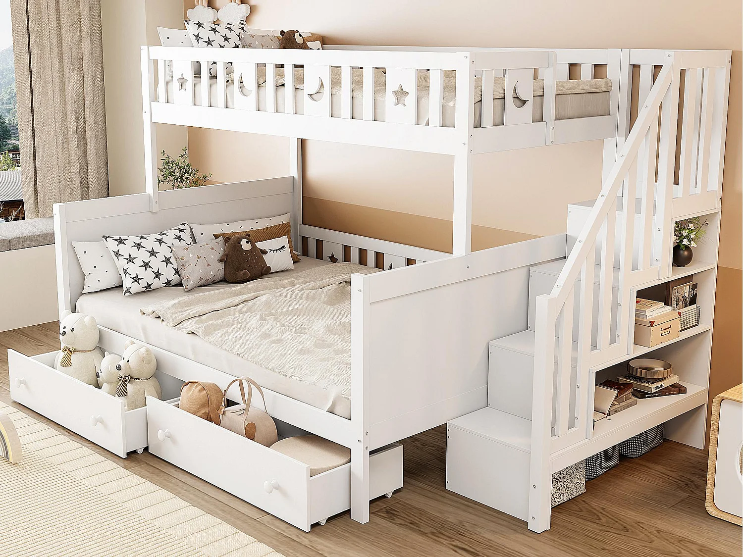 Lit superposé 90/140x200 cm en bois massif - avec escalier de rangement et 2 tiroirs - Blanc