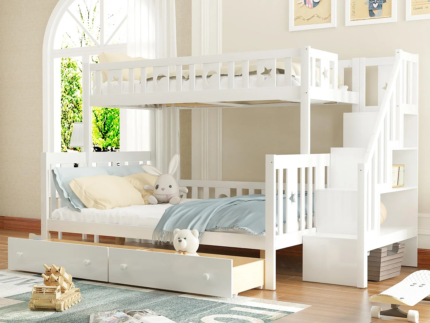 Letto a castello in legno massello 90x200+140x200cm - con scala portaoggetti e 2 cassetti - 2 reti a doghe - Bianco