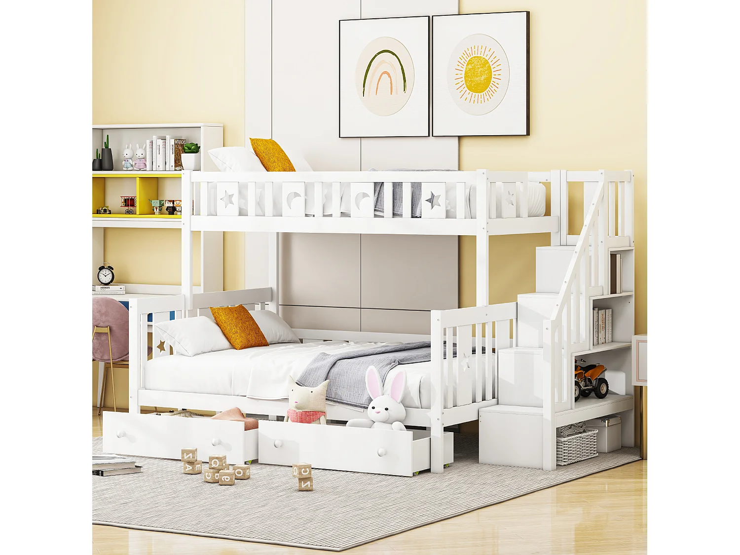 Letto a castello in legno massello 90x200+140x200cm - con scala portaoggetti e 2 cassetti - 2 reti a doghe - Bianco