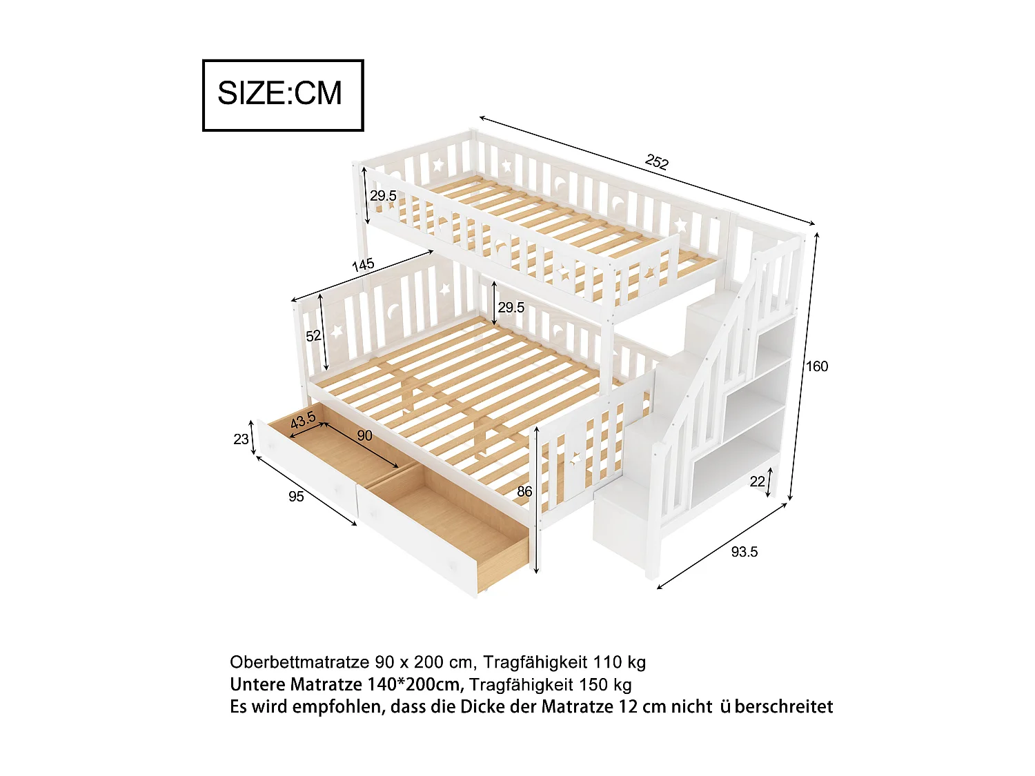 Letto a castello in legno massello 90x200+140x200cm - con scala portaoggetti e 2 cassetti - 2 reti a doghe - Bianco
