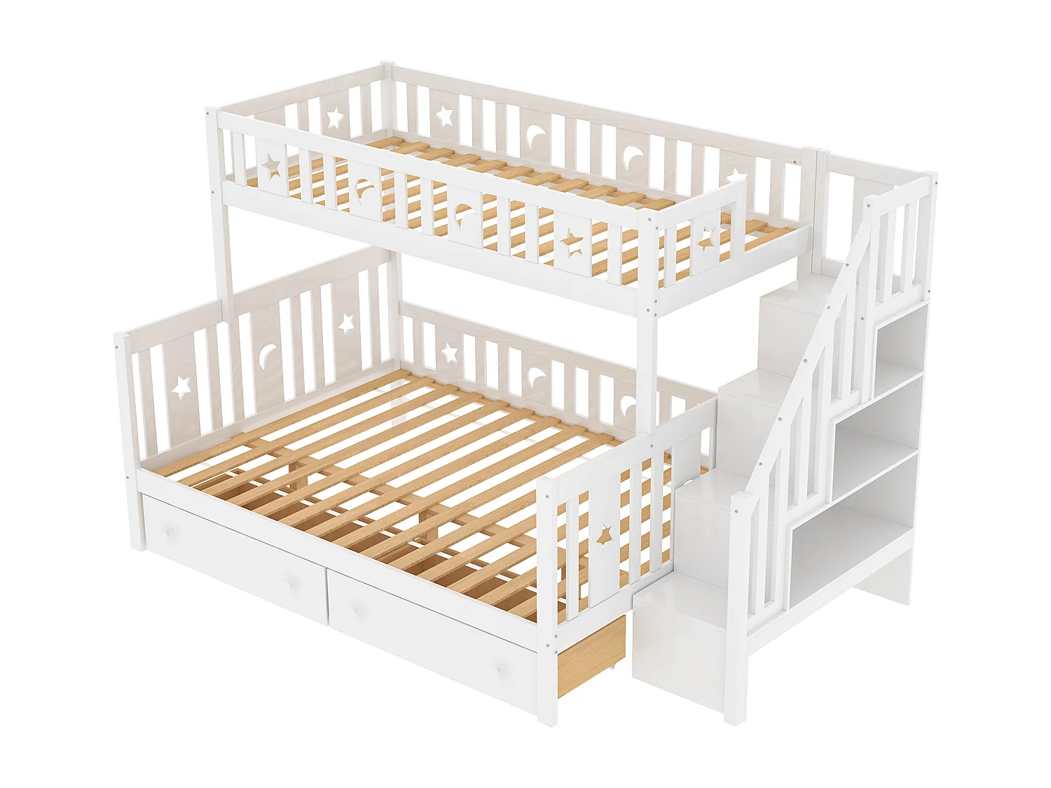 Letto a castello in legno massello 90x200+140x200cm - con scala portaoggetti e 2 cassetti - 2 reti a doghe - Bianco