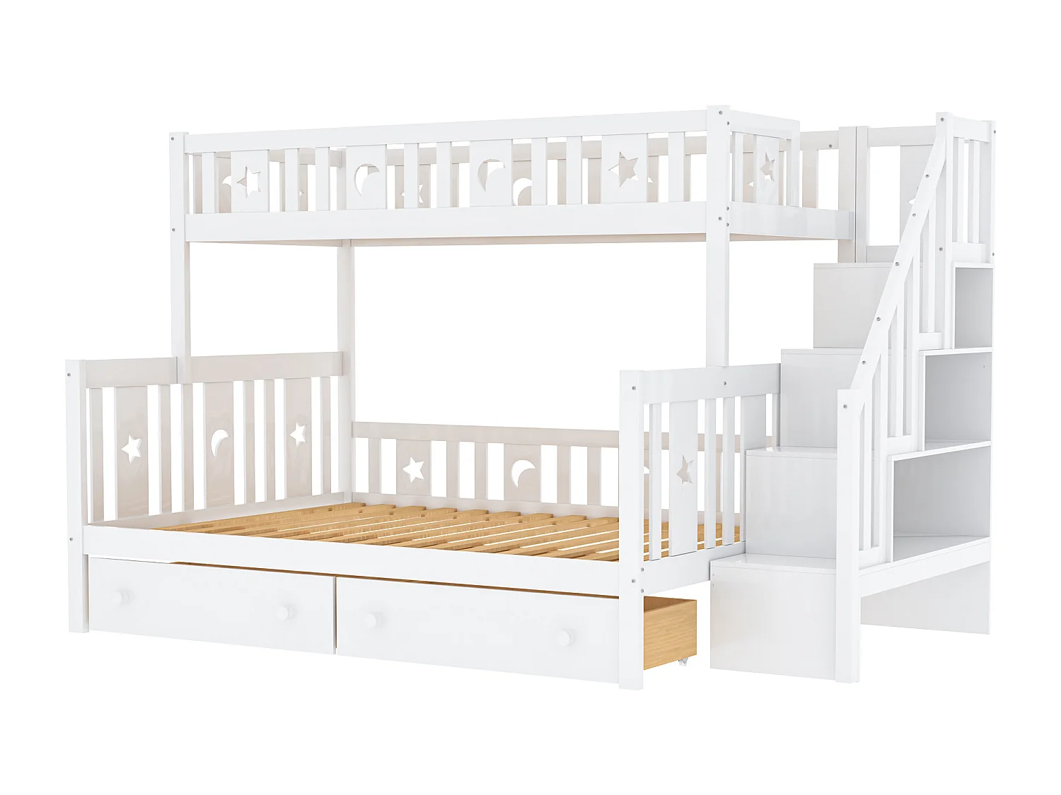 Letto a castello in legno massello 90x200+140x200cm - con scala portaoggetti e 2 cassetti - 2 reti a doghe - Bianco