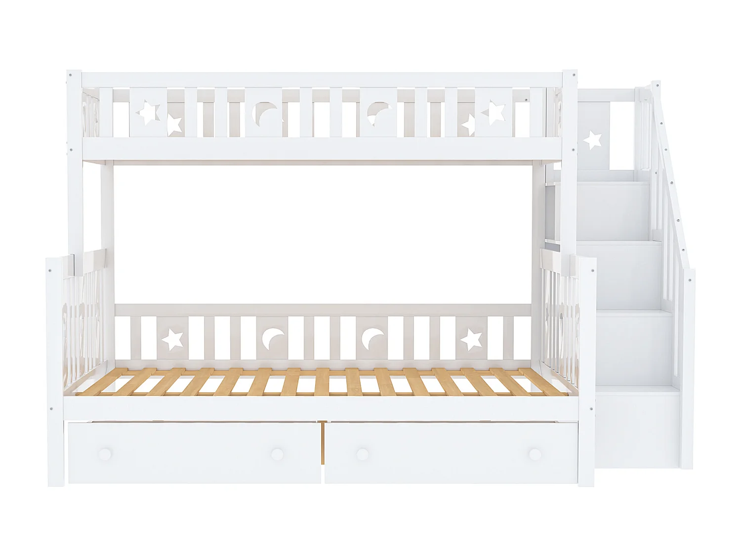 Letto a castello in legno massello 90x200+140x200cm - con scala portaoggetti e 2 cassetti - 2 reti a doghe - Bianco