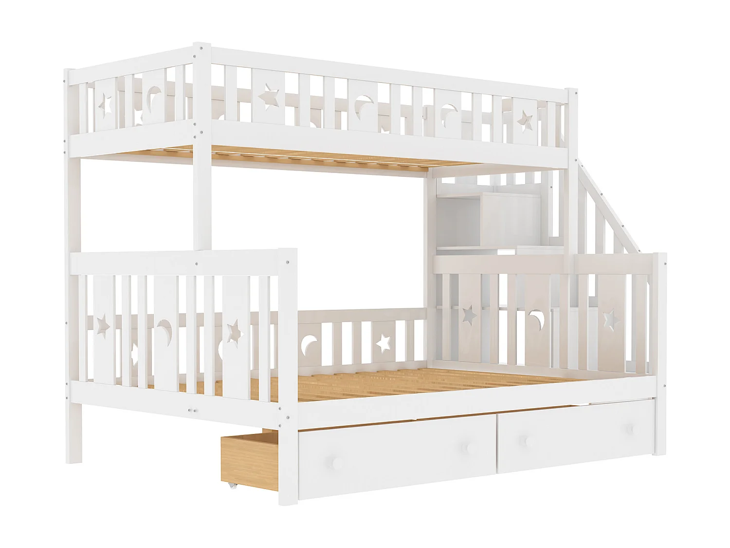 Letto a castello in legno massello 90x200+140x200cm - con scala portaoggetti e 2 cassetti - 2 reti a doghe - Bianco