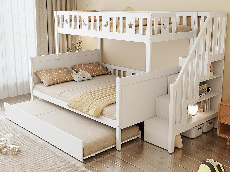 Etagenbett mit Ausziehbett aus Massivholz 90x200+140x200cm – mit Stauraumtreppe – 3 Lattenroste – Weiß