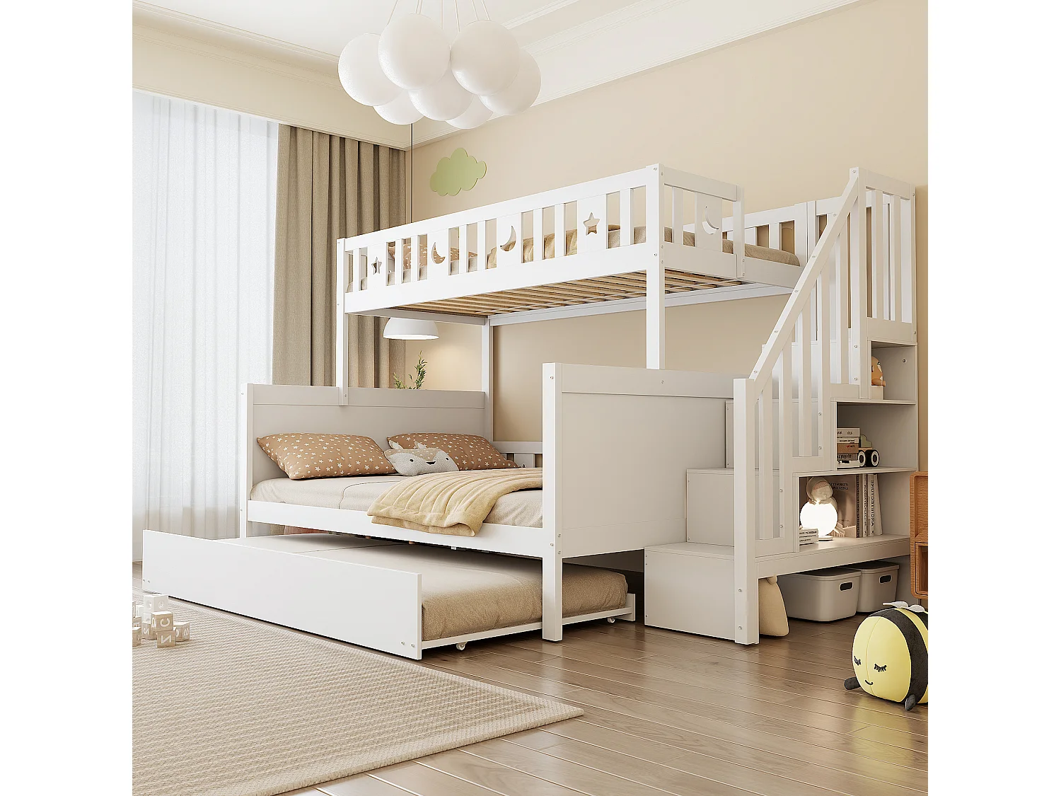 Lit superposé enfant 90/140x200 cm + lit gigogne 90x190 cm - en bois massif - avec escalier de rangement - Blanc