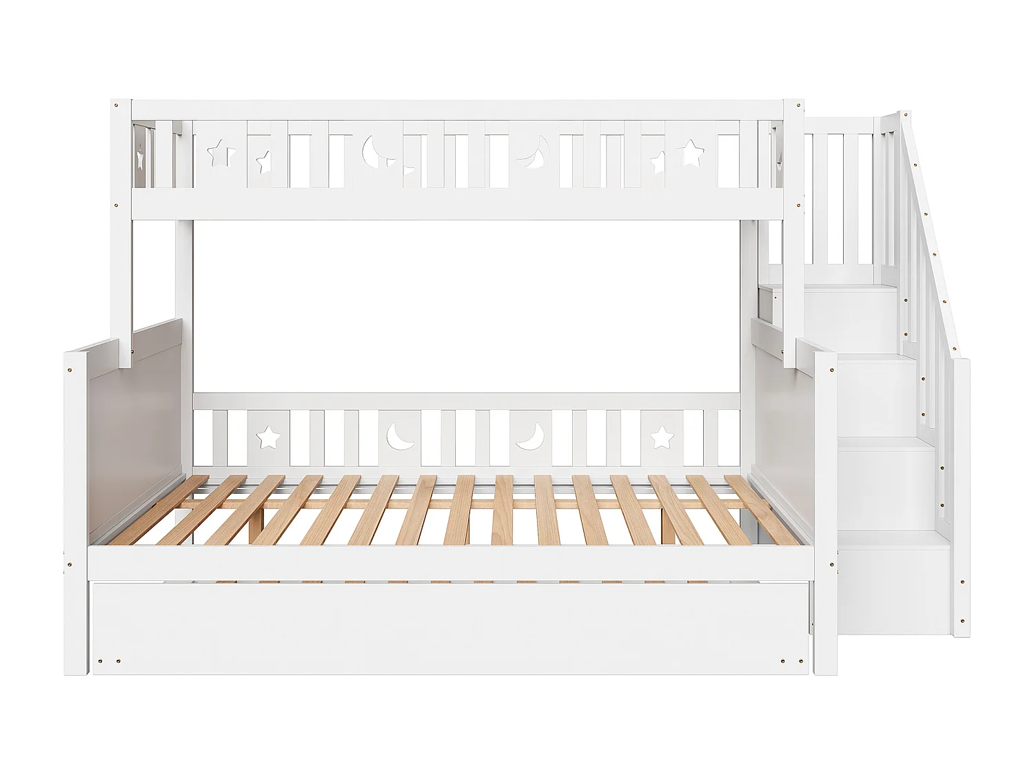 Lit superposé enfant 90/140x200 cm + lit gigogne 90x190 cm - en bois massif - avec escalier de rangement - Blanc