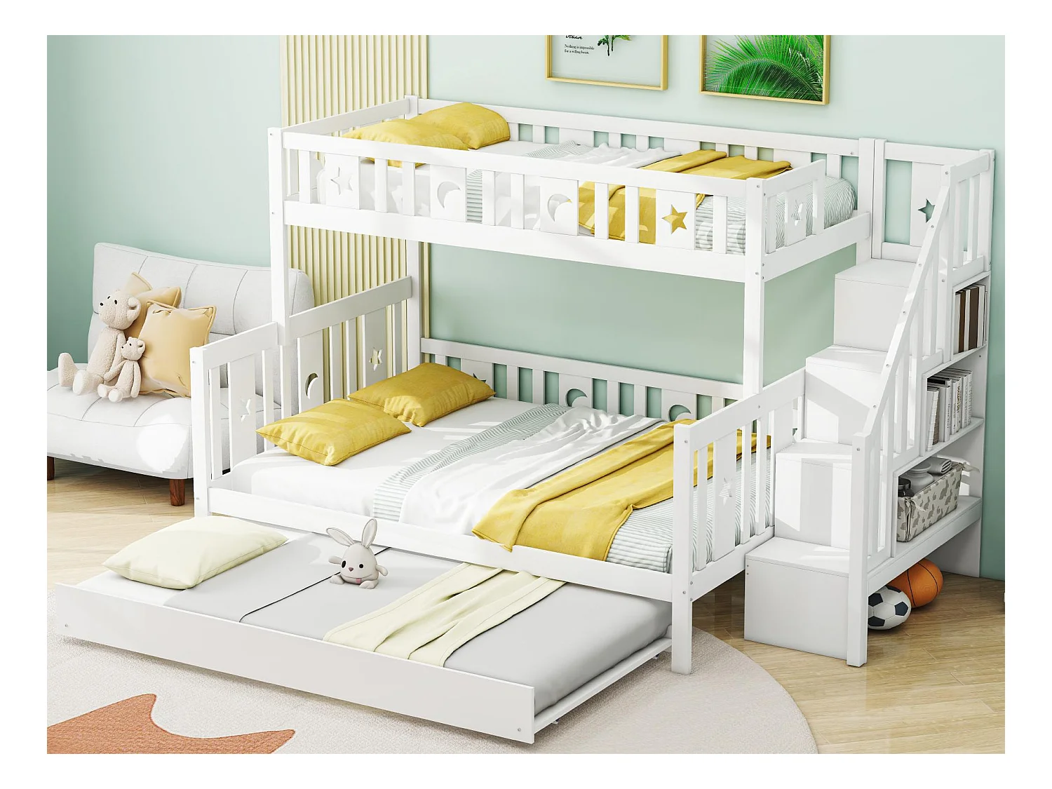 Lit superposé enfant 90/140x200 cm + lit gigogne 90x190 cm - en bois massif - avec escalier de rangement - Blanc
