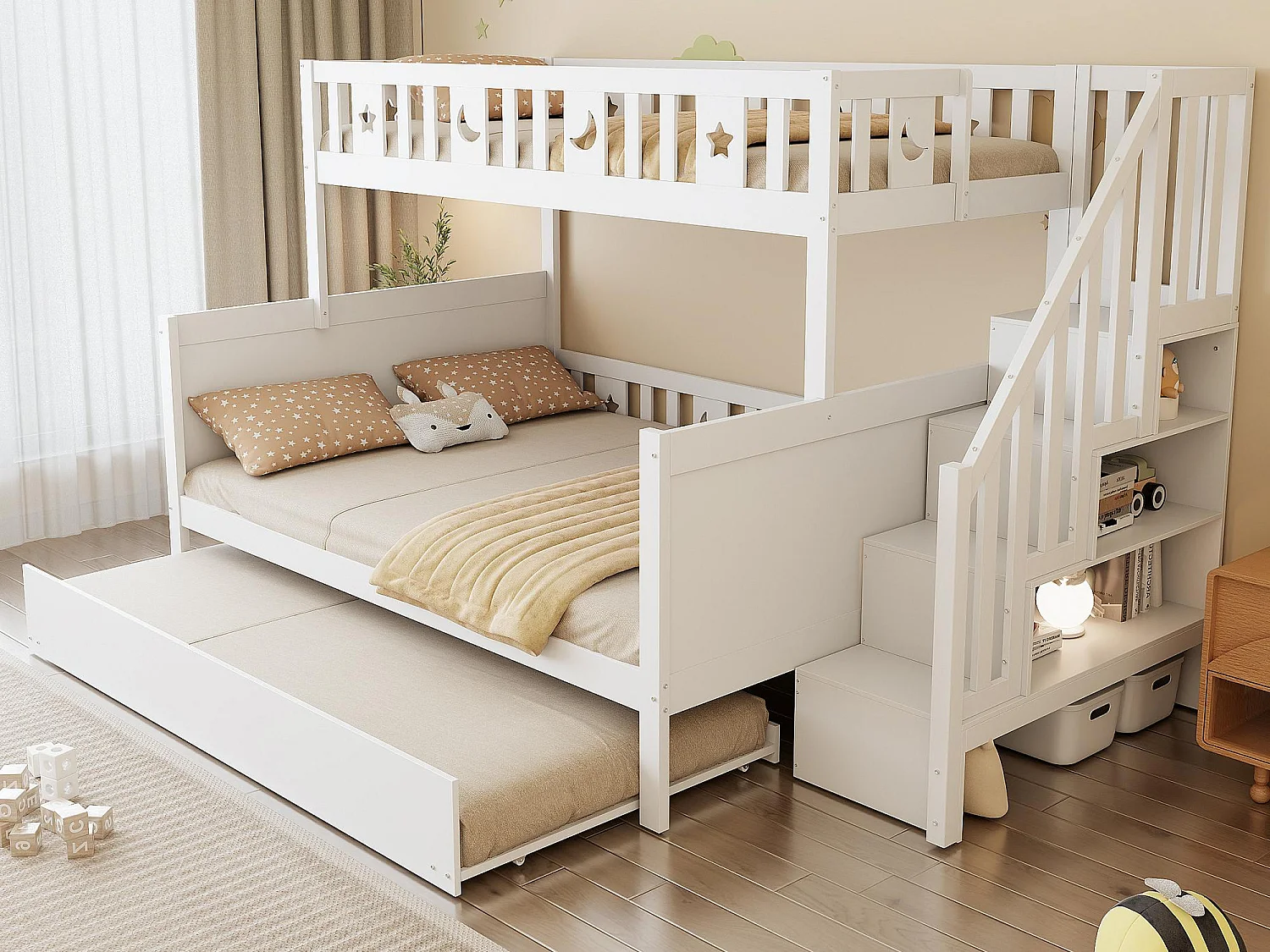 Lit superposé enfant 90/140x200 cm + lit gigogne 90x190 cm - en bois massif - avec escalier de rangement - Blanc