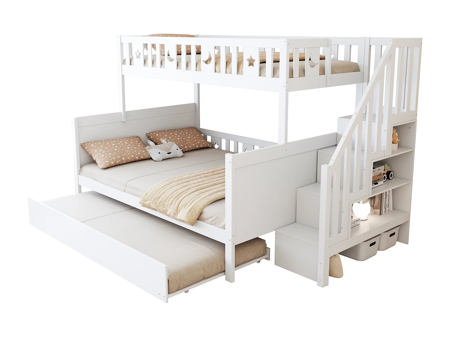 Lit superposé enfant 90/140x200 cm + lit gigogne 90x190 cm - en bois massif - avec escalier de rangement - Blanc