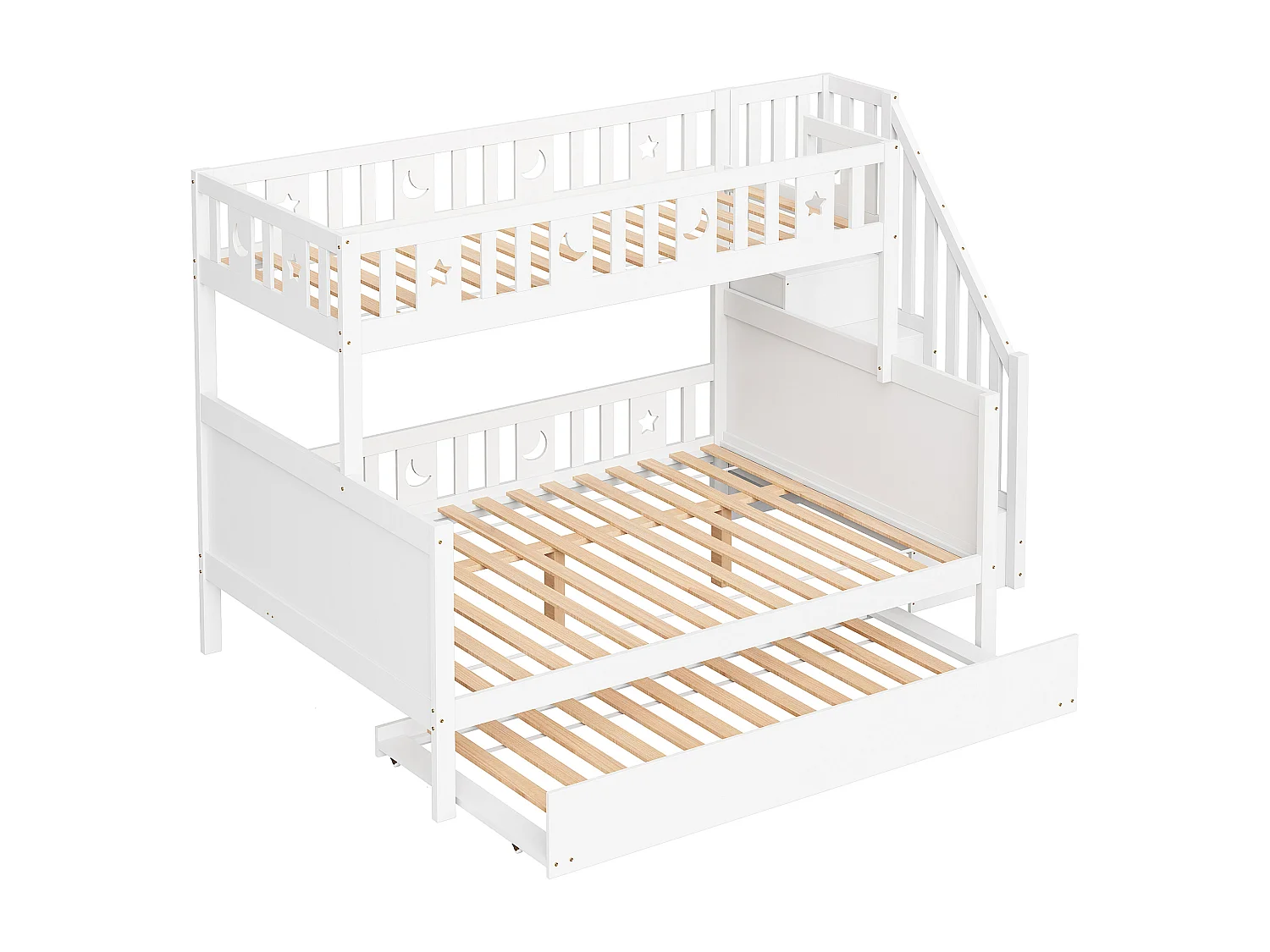 Lit superposé enfant 90/140x200 cm + lit gigogne 90x190 cm - en bois massif - avec escalier de rangement - Blanc