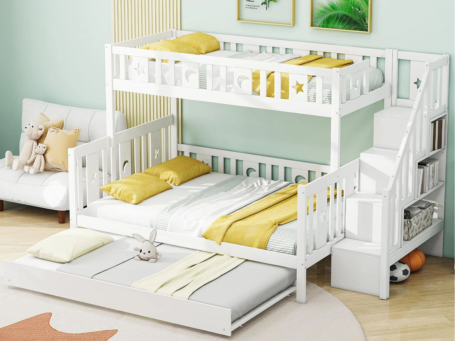 Lit superposé enfant 90/140x200 cm + lit gigogne 90x190 cm - en bois massif - avec escalier de rangement - Blanc