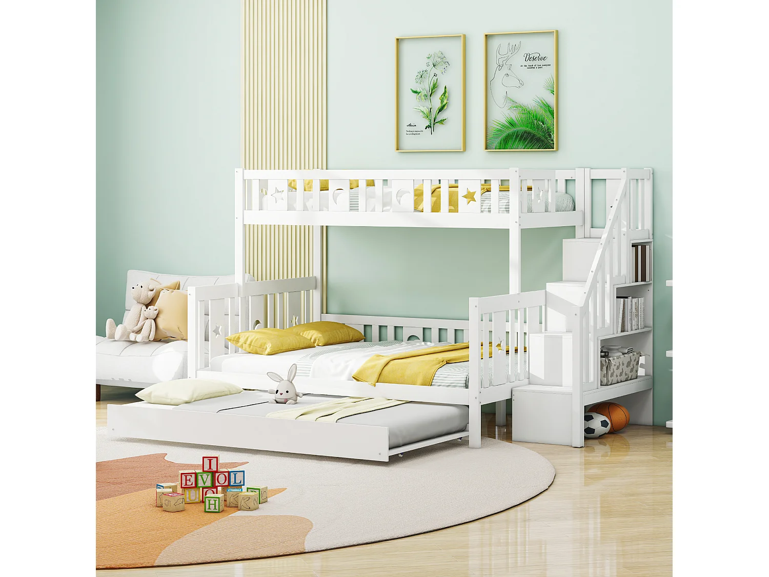 Lit superposé enfant 90/140x200 cm + lit gigogne 90x190 cm - en bois massif - avec escalier de rangement - Blanc
