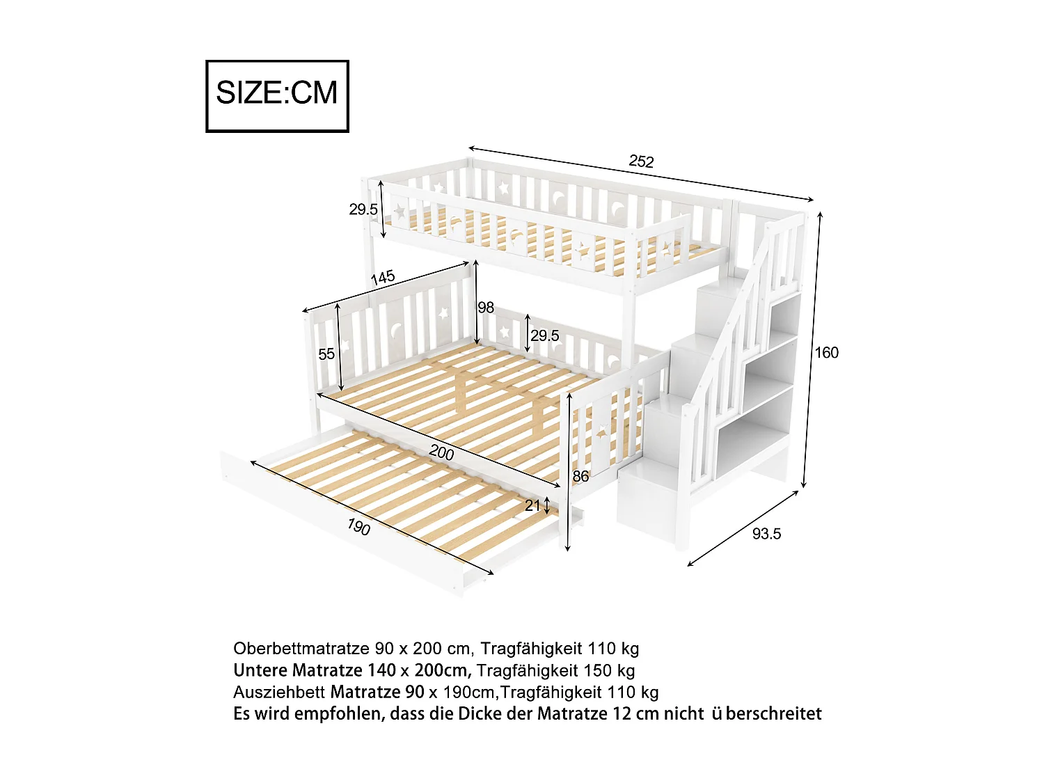 Lit superposé enfant 90/140x200 cm + lit gigogne 90x190 cm - en bois massif - avec escalier de rangement - Blanc