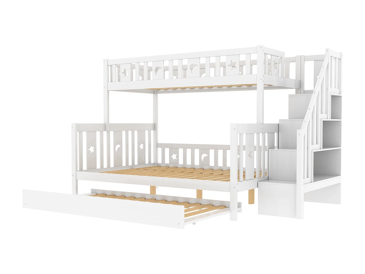 Lit superposé enfant 90/140x200 cm + lit gigogne 90x190 cm - en bois massif - avec escalier de rangement - Blanc