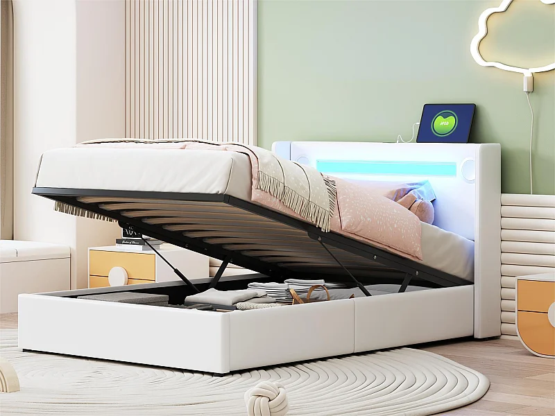 Gestoffeerd kunstleer opbergbed 90x200cm met LED, Bluetooth speler en USB oplaadpoorten - met lattenbodem - Wit