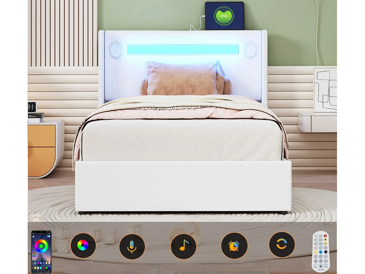 Gepolstertes Stauraumbett aus Kunstleder, 90 x 200 cm, mit LED, Bluetooth-Player und USB-Ladeanschlüssen – mit Lattenrost – Weiß