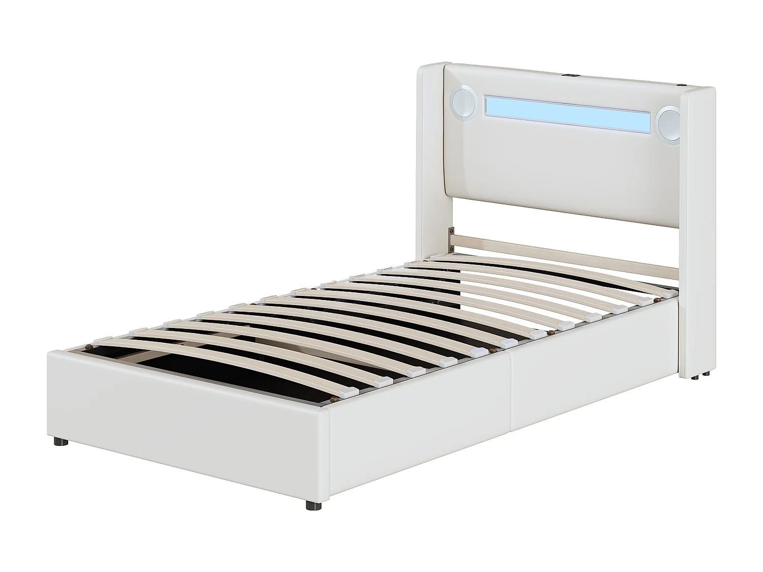 Gepolstertes Stauraumbett aus Kunstleder, 90 x 200 cm, mit LED, Bluetooth-Player und USB-Ladeanschlüssen – mit Lattenrost – Weiß