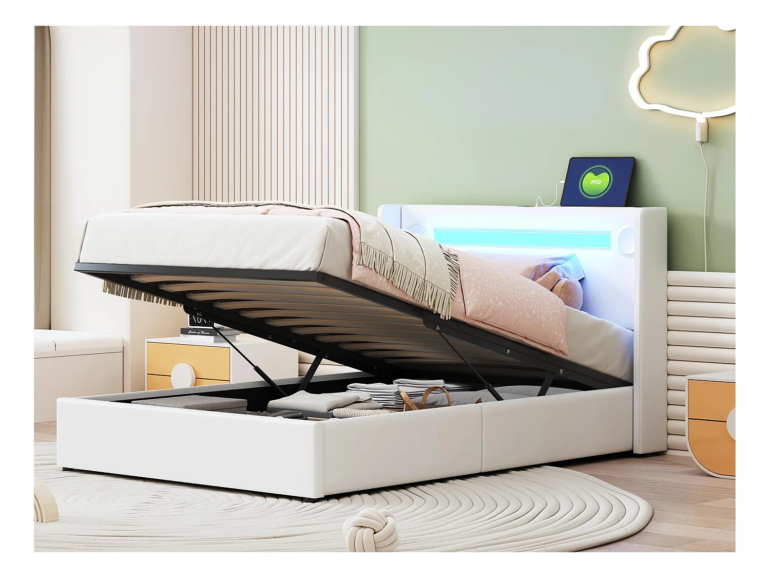 Lit coffre rembourré en similicuir 90x200cm avec LED, lecteur Bluetooth et Ports de charge USB - avec sommier à lattes - Blanc