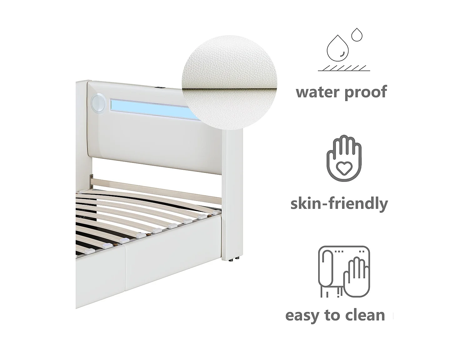 Gestoffeerd kunstleer opbergbed 90x200cm met LED, Bluetooth speler en USB oplaadpoorten - met lattenbodem - Wit