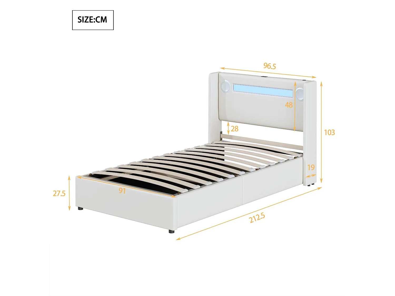 Lit coffre rembourré en similicuir 90x200cm avec LED, lecteur Bluetooth et Ports de charge USB - avec sommier à lattes - Blanc