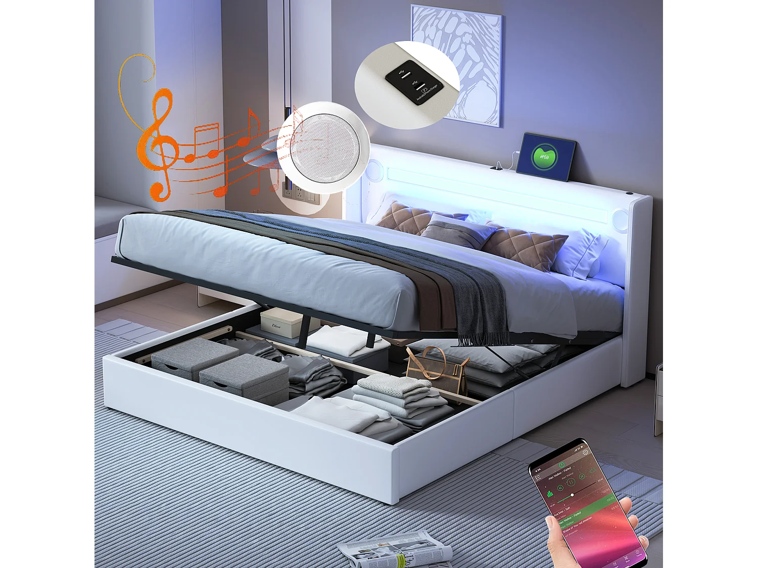 Gepolstertes Stauraumbett aus Kunstleder, 160 x 200 cm, mit LED, Bluetooth-Player und USB-Ladeanschlüssen – mit Lattenrost – Weiß