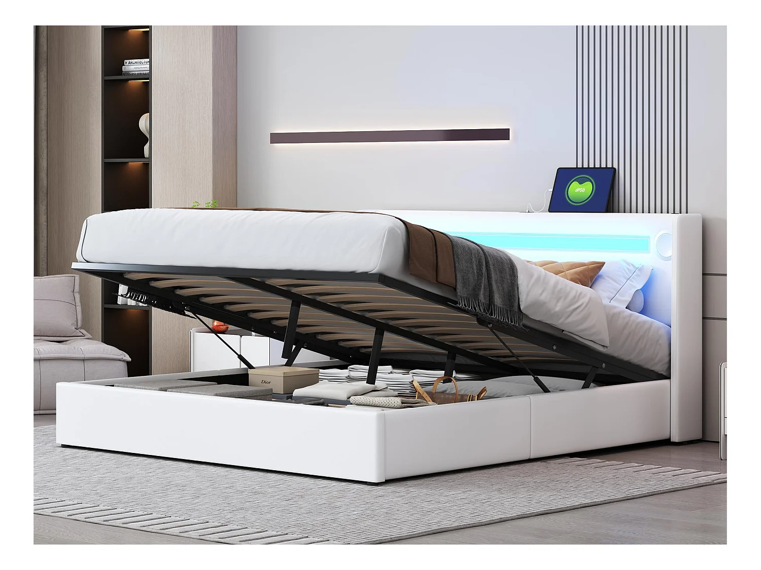 Lit coffre rembourré en similicuir 160x200cm avec LED, lecteur Bluetooth et Ports de charge USB - avec sommier à lattes - Blanc