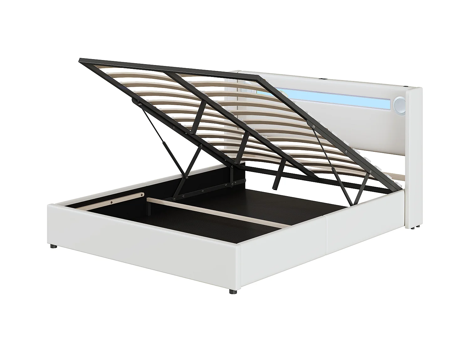 Gestoffeerd kunstleer opbergbed 160x200cm met LED, Bluetooth speler en USB oplaadpoorten - met lattenbodem - Wit