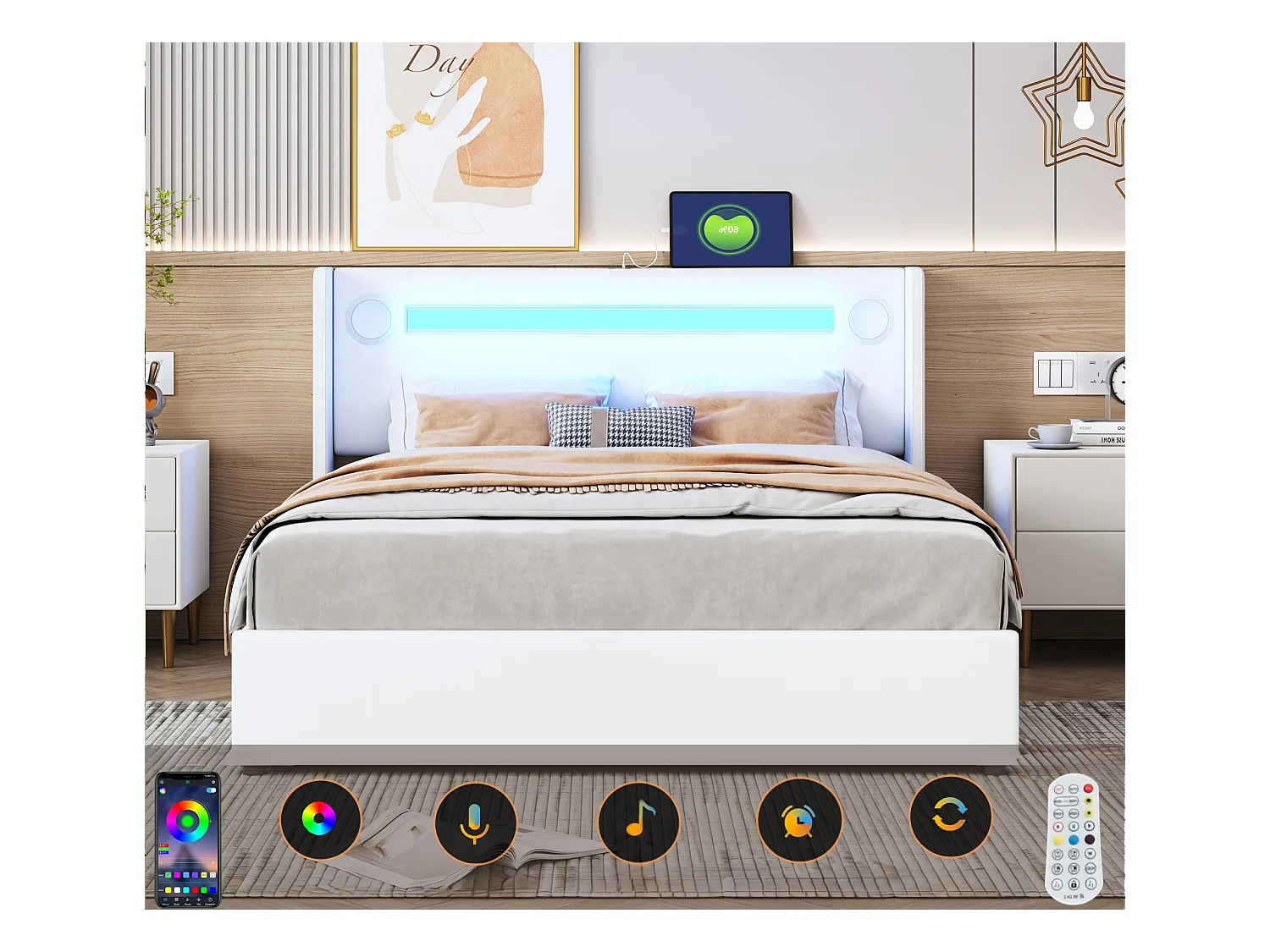 Gestoffeerd kunstleer opbergbed 160x200cm met LED, Bluetooth speler en USB oplaadpoorten - met lattenbodem - Wit