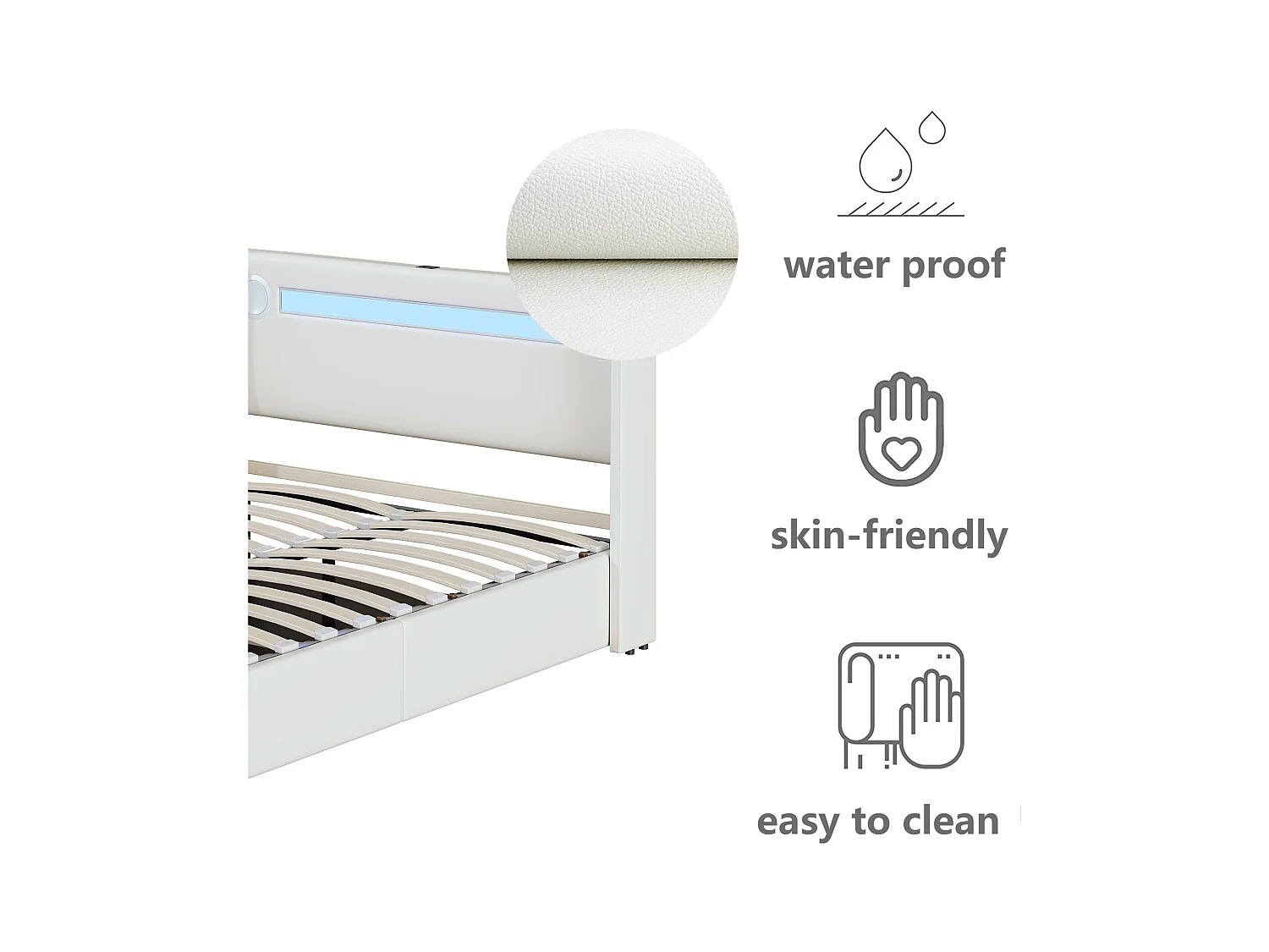 Gestoffeerd kunstleer opbergbed 160x200cm met LED, Bluetooth speler en USB oplaadpoorten - met lattenbodem - Wit