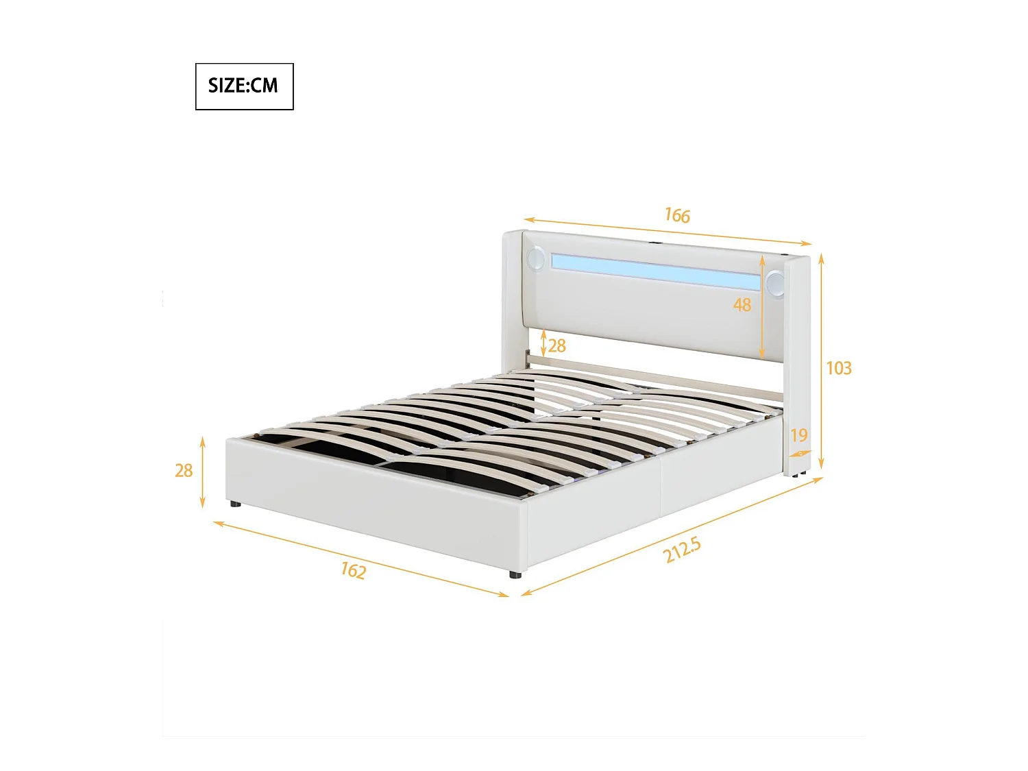 Gestoffeerd kunstleer opbergbed 160x200cm met LED, Bluetooth speler en USB oplaadpoorten - met lattenbodem - Wit