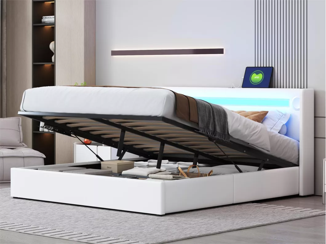 Kauf Unique Gepolstertes Stauraumbett aus Kunstleder, 160 x 200 cm, mit LED, Bluetooth-Player und USB-Ladeanschlüssen – mit Lattenrost – Weiß