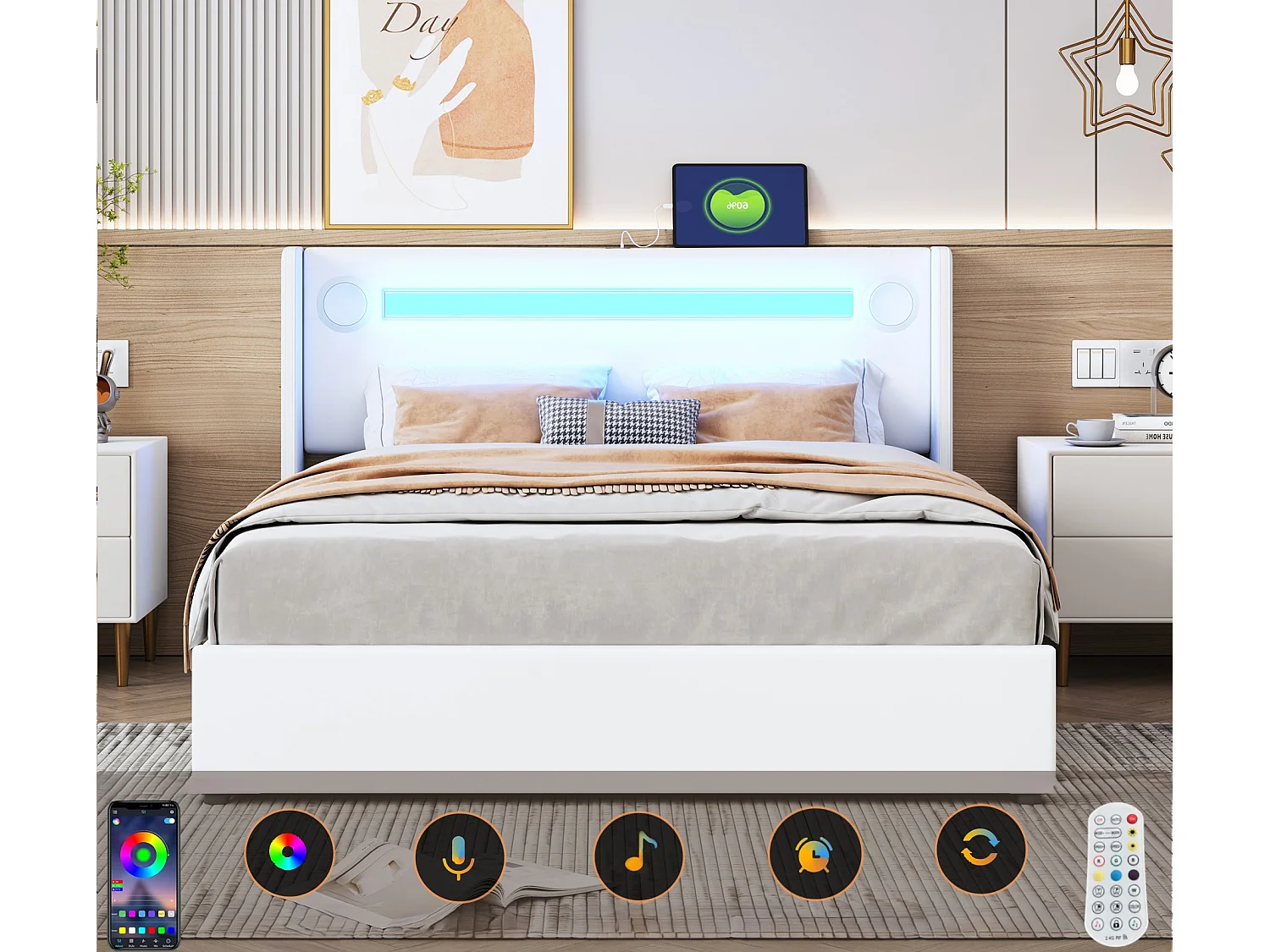 Lit coffre rembourré en similicuir 160x200cm avec LED, lecteur Bluetooth et Ports de charge USB - avec sommier à lattes - Blanc